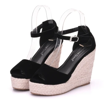 Bohemia Black Beach Summer Womens Sandals 2018 Ankle Strap 9 Cm Wedges Open Peep Toe Sandals