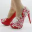 Chic / Beautiful Red Wedding Shoes 2018 Appliques Lace Pearl Rhinestone 14 cm Stiletto Heels Round Toe Wedding Pumps