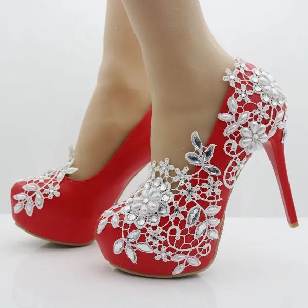 Chic / Beautiful Red Wedding Shoes 2018 Appliques Lace Pearl Rhinestone 14 cm Stiletto Heels Round Toe Wedding Pumps