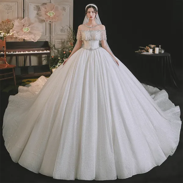 Luxury / Gorgeous Sexy White Wedding Dresses 2021 Ball Gown Scoop Neck ...