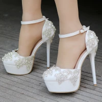 Stylowe / Modne Kość Słoniowa Buty Ślubne 2018 Rhinestone Z Paskiem 14 cm Szpilki Okrągłe Toe Ślub Wysokie Obcasy