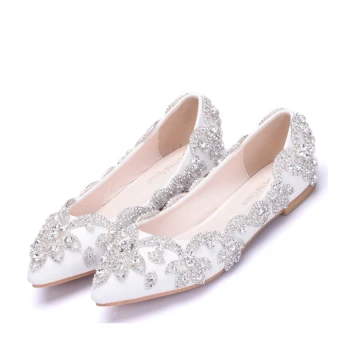Sparkly White Rhinestone Pointed Toe Flat Wedding Shoes 2018