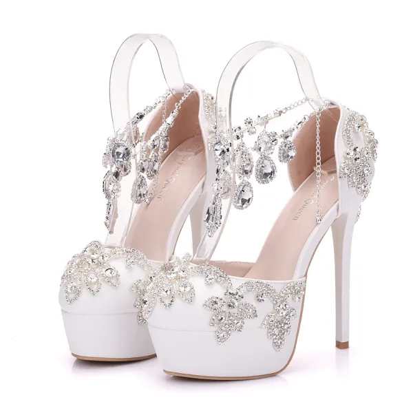 Sparkly White Wedding Shoes 2018 Crystal Rhinestone 14 cm Stiletto Heels Round Toe Wedding High Heels