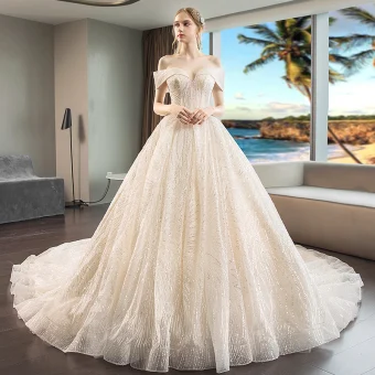 Luxe Champagne Trouwjurken 2019 Baljurk Kralen Pailletten Uit De Schouder Korte Mouwen Ruglooze Royal Train