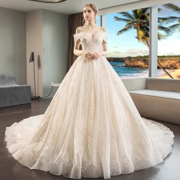 Luxe Champagne Robe De Mariée 2019 Robe Boule Perlage Paillettes De L Épaule Manches Courtes Dos Nu Royal Train