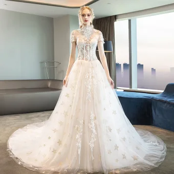 Modern Fashion Ivory Corset Wedding Dresses 2018 A Line Princess Appliques Lace Star High Neck Short Sleeve Cathedral Train