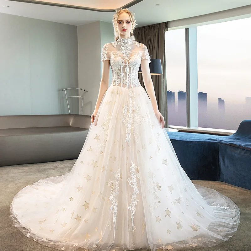 Modern Fashion Ivory Corset Wedding Dresses 2018 A Line Princess Appliques  Lace Star High Neck Short Sleeve Cathedral Train