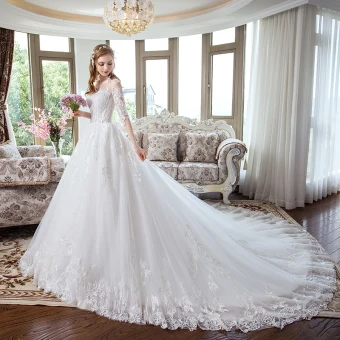 Modern Fashion White Corset Wedding Dresses 2018 A Line Princess Appliques Lace Scoop Neck Backless 1 2 Sleeves Cathedral Train
