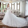 Modern / Fashion White Corset Wedding Dresses 2018 A-Line / Princess Appliques Lace Scoop Neck Backless 1/2 Sleeves Cathedral Train