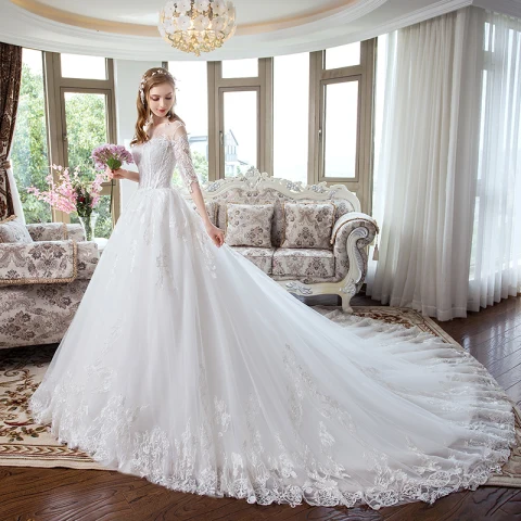 Modern / Fashion White Corset Wedding Dresses 2018 A-Line / Princess Appliques Lace Scoop Neck Backless 1/2 Sleeves Cathedral Train