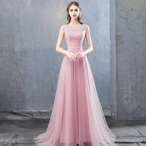 Chic Beautiful Candy Pink Evening Dresses 2018 A Line Princess Beading Sequins Scoop Neck Sleeveless Sweep Train Formal Dresses