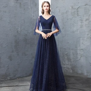 Chic Beautiful Navy Blue Evening Dresses 2018 A Line Princess Lace Sequins V Neck Backless 1 2 Sleeves Floor Length Long Formal Dresses