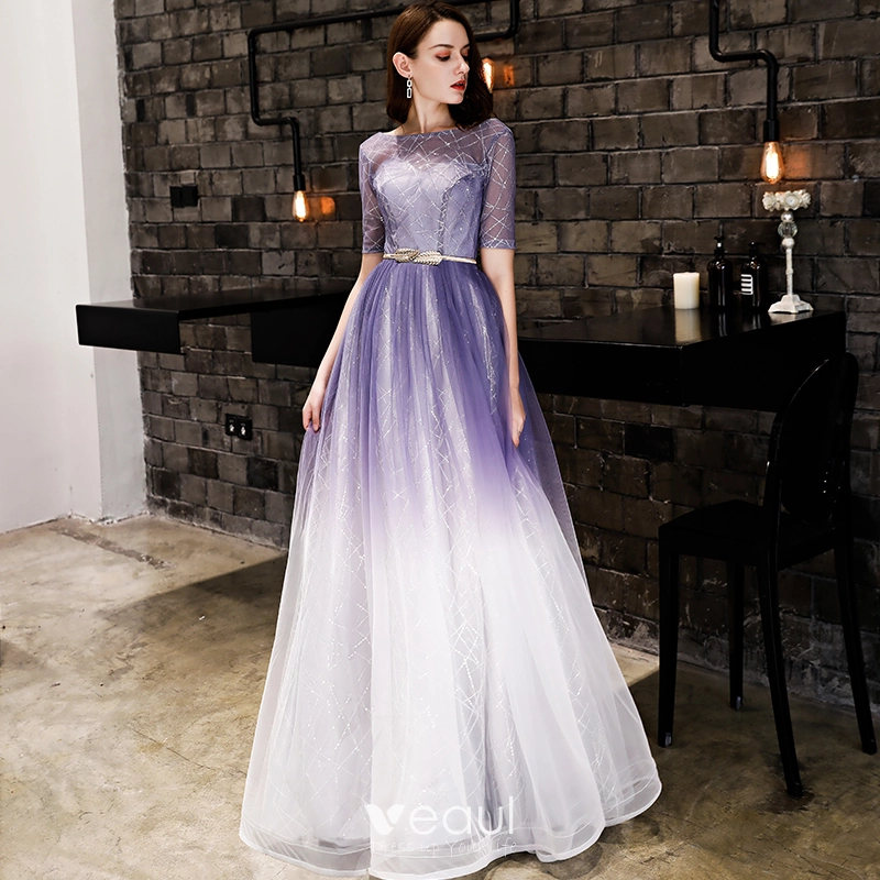 Modern Fashion Gradient Color Evening Dresses 2019 A Line Princess Beading Sequins Metal Sash Scoop Neck Short Sleeve Backless Floor Length Long Formal Dresses