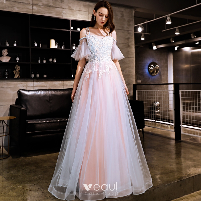 Elegant Blushing Pink Evening Dresses 2019 A-Line / Princess Appliques Lace Beading Rhinestone Spaghetti Straps Backless Short Sleeve Floor-Length / Elegant Blushing Pink Evening Dresses 2019 A-Line / Princess Appliques Lace Beading Rhinestone Spaghetti Straps Backless Short Sleeve Floor-Length /