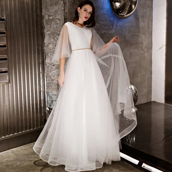 Modern / Fashion Ivory Evening Dresses 2019 A-Line / Princess Rhinestone  Sash Glitter V-Neck Backless 1/