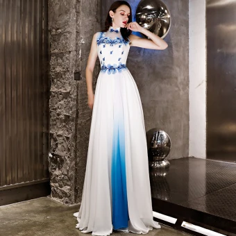 Chinese Style Ivory Evening Dresses 2019 A Line Princess Organza Appliques Lace Rhinestone High Neck Sleeveless Floor Length Long Formal Dresses
