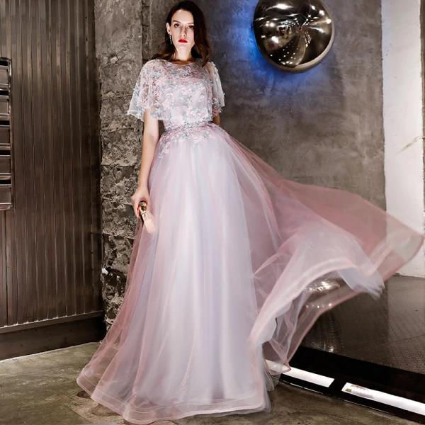 Chic / Beautiful Blushing Pink Evening Dresses 2019 A-Line / Princess Appliques Lace Scoop Neck Short Sleeve Floor-Length / Long Formal Dresses