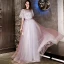 Chic / Beautiful Blushing Pink Evening Dresses  2019 A-Line / Princess Appliques Lace Scoop Neck Short Sleeve Floor-Length / Long Formal Dresses