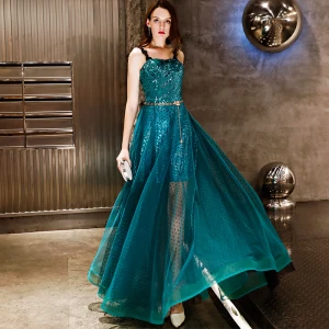 Charmant Bleu D Encre Robe De Soirée 2019 Princesse Tachetée Métal Ceinture Paillettes En Dentelle Bretelles Spaghetti Sans Manches Dos Nu Longue Robe De Ceremonie