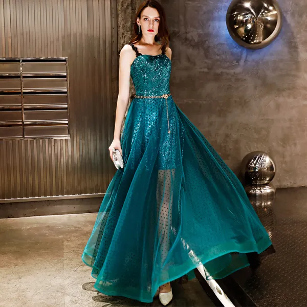 Charming Ink Blue Evening Dresses  2019 A-Line / Princess Spotted Metal Sash Sequins Lace Spaghetti Straps Sleeveless Backless Floor-Length / Long Formal Dresses