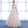 Chic / Beautiful White Wedding Dresses 2018 A-Line / Princess Glitter Tulle Crystal Spaghetti Straps Sleeveless Floor-Length / Long Wedding