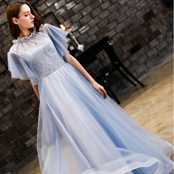Vintage Originale Bleu Ciel Robe De Bal 2019 Princesse En Dentelle Encolure Dégagée Dos Nu Manches Courtes Longue Robe De Ceremonie