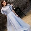 Vintage / Retro Sky Blue Prom Dresses 2019 A-Line / Princess Lace Scoop Neck Backless Short Sleeve Floor-Length / Long Formal Dresses