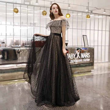 Elegant Black Spotted Prom Dresses 2019 A Line Princess Off The Shoulder Short Sleeve Backless Floor Length Long Formal Dresses