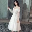 Elegant White Wedding Dresses 2019 A-Line / Princess Lace Spaghetti Straps Backless 3/4 Sleeve Tea-length
