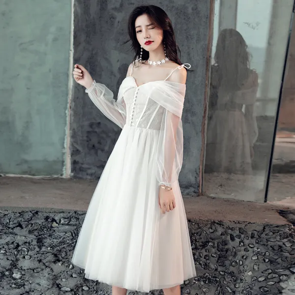 Elegant White Wedding Dresses 2019 A-Line / Princess Lace Spaghetti Straps Backless 3/4 Sleeve Tea-length