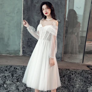 Elegante Weiß Brautkleider Hochzeitskleider 2019 A Linie Spitze Spaghettiträger Rückenfreies 3 4 Ärmel Wadenlang