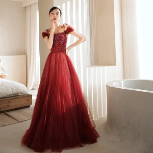 Charmant Bordeaux Robe De Soirée 2021 Princesse Bretelles Spaghetti Perlage Paillettes Sans Manches Dos Nu Longue Soirée Robe De Ceremonie