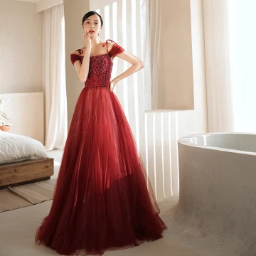 Charming Burgundy Evening Dresses 2021 A Line Princess Spaghetti Straps Beading Sequins Sleeveless Backless Floor Length Long Evening Party Formal Dresses
