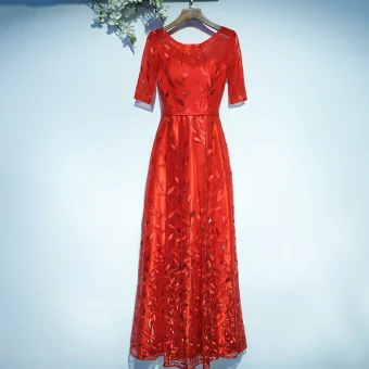 Chic Belle Rouge Robe De Ceremonie Robe De Soirée 2017 Dentelle Fleur Paillettes Encolure Dégagée 1 2 Manches Longueur Cheville Princesse