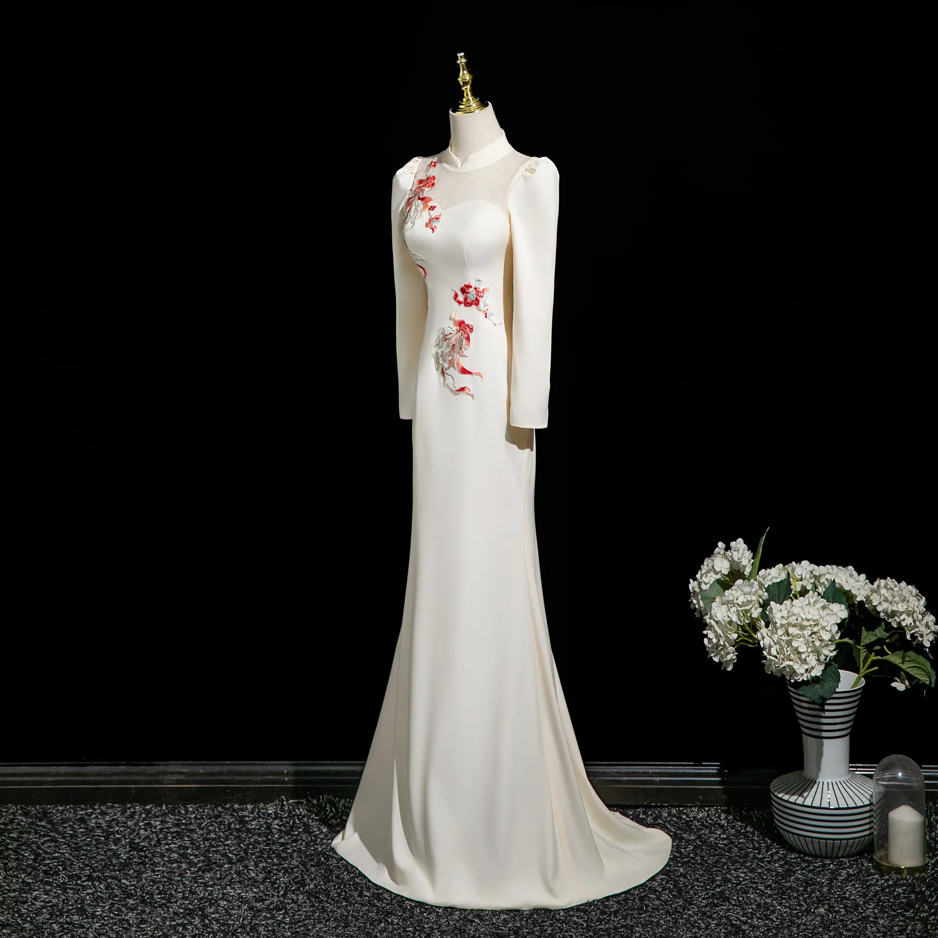 feather mermaid wedding dress Feather Embellished Sleeveless Glitter Mesh Prom Dress Sheer Back GLGL1983