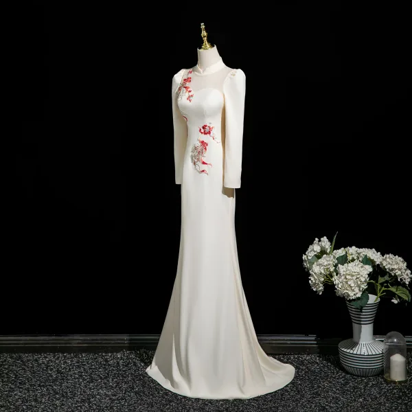 Vintage / Retro Ivory Lace Flower Evening Dresses 2025 Trumpet / Mermaid High Neck Long Sleeve Sweep Train Evening Party Formal Dresses