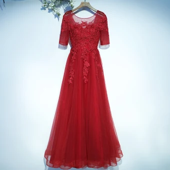 Chic Belle Rouge Robe De Soirée Robe De Ceremonie 2017 En Dentelle Fleur Dos Nu 1 2 Manches Encolure Dégagée Longue Princesse