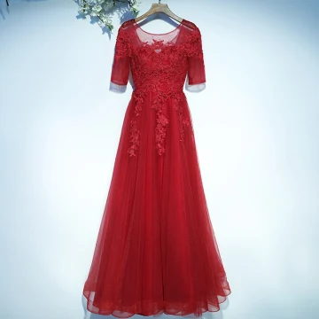 Chic Beautiful Red Evening Dresses Formal Dresses 2017 Lace Flower Backless 1 2 Sleeves Scoop Neck Floor Length Long A Line Princess