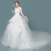 Elegant Ivory Wedding Dresses 2018 Ball Gown Lace Flower Cascading Ruffles Scoop Neck 1/2 Sleeves Cathedral Train Wedding