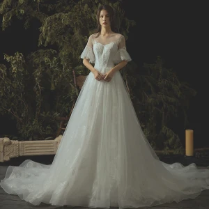 Elegant Ivory Wedding Dresses 2019 A Line Princess Lace Pearl Scoop Neck 1 2 Sleeves Cathedral Train