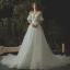 Elegant Ivory Wedding Dresses 2019 A-Line / Princess Lace Pearl Scoop Neck 1/2 Sleeves Cathedral Train
