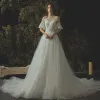 Elegant Ivory Wedding Dresses 2019 A-Line / Princess Lace Pearl Scoop Neck 1/2 Sleeves Cathedral Train