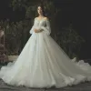 Luxury / Gorgeous Ivory Wedding Dresses 2019 Ball Gown Lace Flower Beading Crystal Sequins Strapless Long Sleeve Backless Royal Train