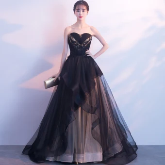 Elegant Black Evening Dresses 2019 A Line Princess Lace Beading Crystal Sequins Strapless Sleeveless Backless Court Train Formal Dresses