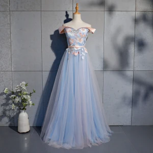 Chic Belle Bleu Ciel Robe De Bal 2019 Princesse Appliques En Dentelle Ceinture De L Épaule Dos Nu Manches Courtes Longue Robe De Ceremonie