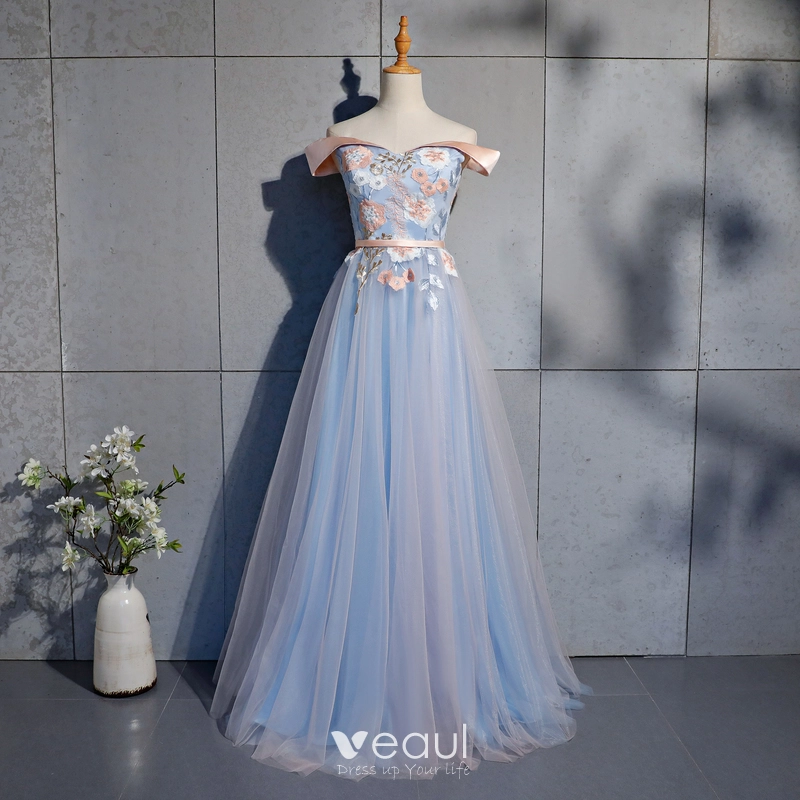 Chic Beautiful Sky Blue Prom Dresses 2019 A Line Princess Appliques Lace Sash Off The Shoulder Backless Short Sleeve Floor Length Long Formal Dresses