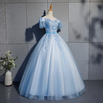 Élégant Bleu Ciel Robe De Bal 2019 Robe Boule En Dentelle Appliques Noeud De L Épaule Dos Nu Manches Courtes Longue Robe De Ceremonie