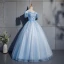 Elegant Sky Blue Prom Dresses 2019 Ball Gown Lace Appliques Bow Off-The-Shoulder Backless Short Sleeve Floor-Length / Long Formal Dresses