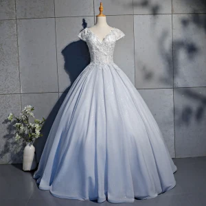 Élégant Argenté Robe De Bal 2019 Robe Boule En Dentelle Perlage Perle Paillettes V Cou Dos Nu Manches Courtes Longue Robe De Ceremonie