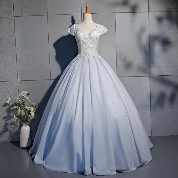 Elegant Silver Prom Dresses 2019 Ball Gown Lace Beading Pearl Sequins V-Neck Backless Short Sleeve Floor-Length / Long Formal Dresses